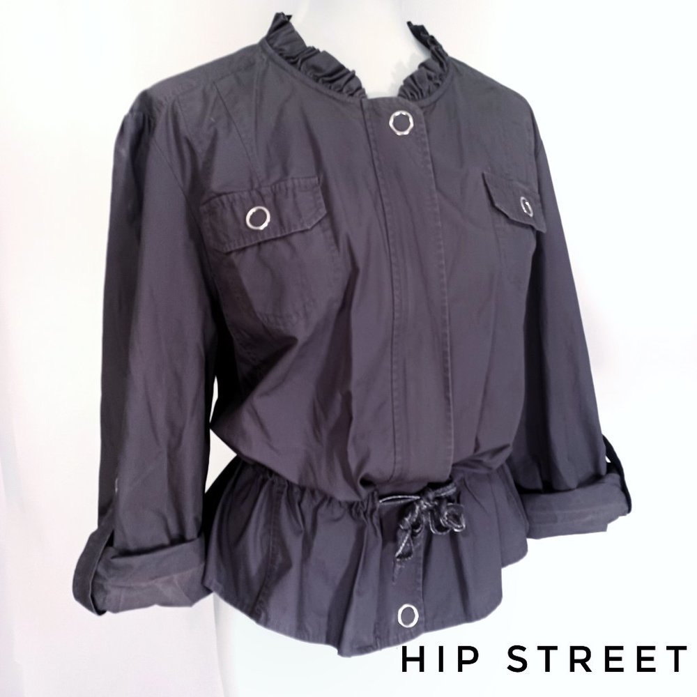 APT 9 Zip Front Drawstring Waist Roll Tab Sleeve Ruffle Neck Jacket L